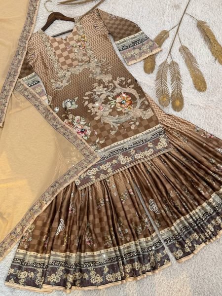 Alluring Brown Chinon Silk Sharara Set for International Buyers at Manufacturer Rate Ready To Wear Collection