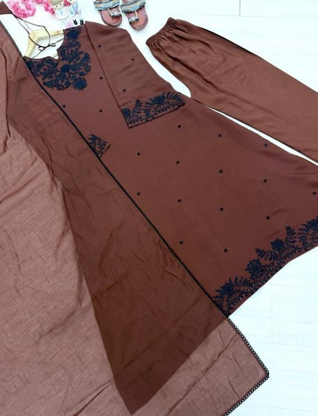 Alluring Brown Satin Mul Chanderi Kaftan Set with Plazzo and Dupatta for Women Ready To Wear Collection