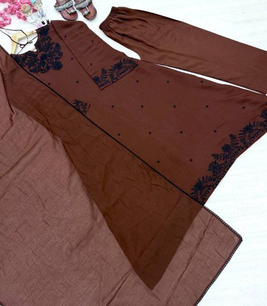 Alluring Brown Satin Mul Chanderi Kaftan Set with Plazzo and Dupatta for Women Ready To Wear Collection