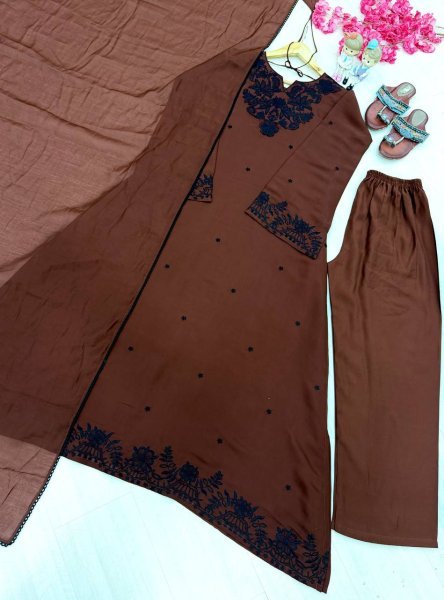Alluring Brown Satin Mul Chanderi Kaftan Set with Plazzo and Dupatta for Women Ready To Wear Collection