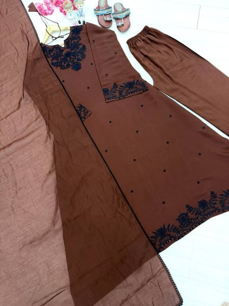 Alluring Brown Satin Mul Chanderi Kaftan Set with Plazzo and Dupatta for Women Ready To Wear Collection