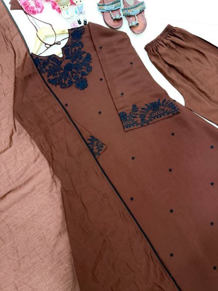 Alluring Brown Satin Mul Chanderi Kaftan Set with Plazzo and Dupatta for Women Ready To Wear Collection