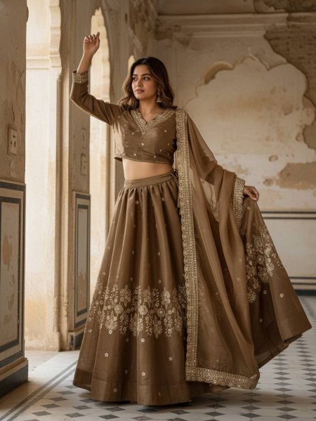 Alluring Brown Semi Bridal Silk Lehenga Choli with Heavy Embroidery for Wedding Wear  Lehenga