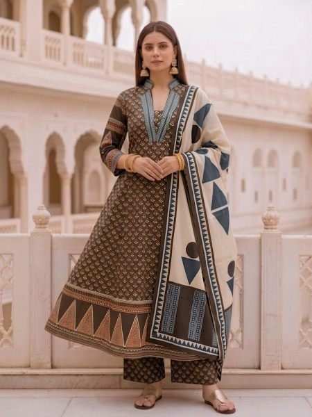 Alluring Brown Women’s Heavy Rayon Slub Printed Kurta Pant Set for Bulk Order 