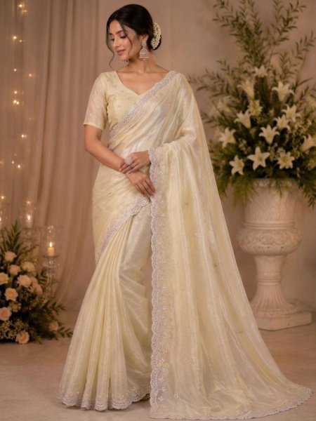 Alluring Cream Designer Satin Saree Collection at Wholesale Price Sarees 