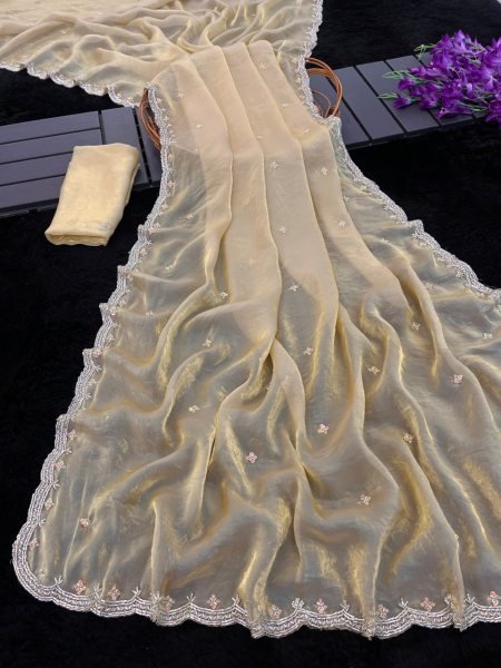 Alluring Cream Designer Satin Saree Collection at Wholesale Price Bollywood Fancy Sarees Wholesale