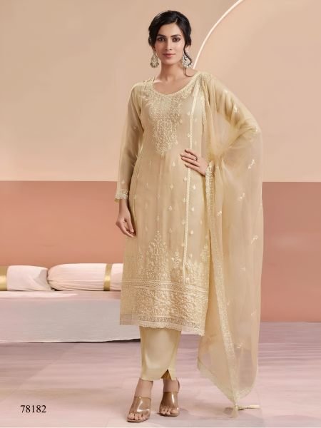 Alluring Cream Heavy Chiffon Embroidered Suit Material with Santoon Silk Bottom at Wholesale Rate Salwar Kameez