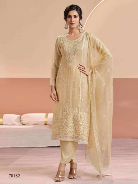 Alluring Cream Heavy Chiffon Embroidered Suit Material with Santoon Silk Bottom at Wholesale Rate Churidar Salwar Suits Wholesale