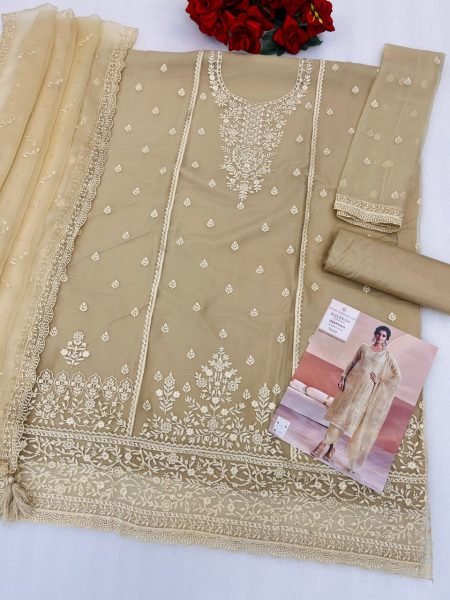 Alluring Cream Heavy Chiffon Embroidered Suit Material with Santoon Silk Bottom at Wholesale Rate Churidar Salwar Suits Wholesale