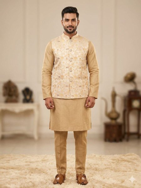 Alluring Cream Traditional Silk Kurta with Jacquard Waistcoat for Men