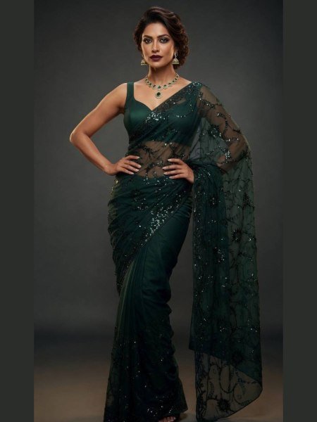 Alluring Dark Green Sequins Saree with Heavy Work for Wedding and Reception Wear  Sarees 