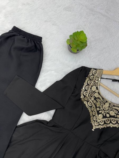 Alluring French Crepe Embroidered Gown with Organza Lace Dupatta   Stitched Pant for Party Wear Plus Size Kurti / Gown