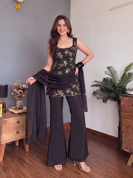 Alluring Georgette Black 90 s Collection Short Kurti With Palazzo For Office Wear Georgette Kurti 