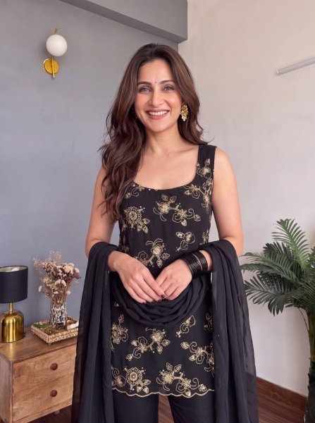 Alluring Georgette Black 90 s Collection Short Kurti With Palazzo For Office Wear Georgette Kurti 