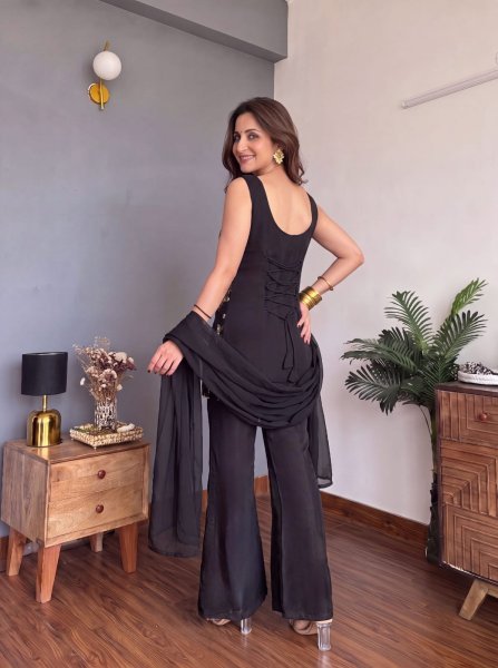Alluring Georgette Black 90 s Collection Short Kurti With Palazzo For Office Wear Georgette Kurti 