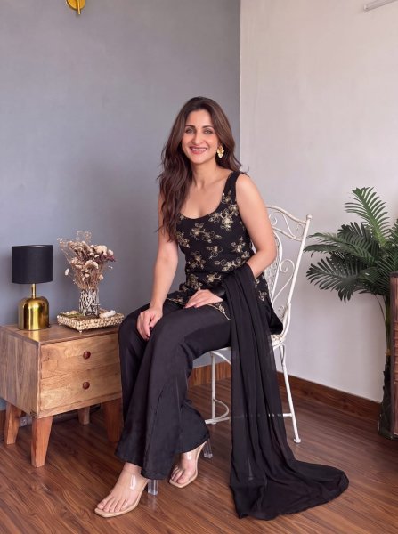 Alluring Georgette Black 90 s Collection Short Kurti With Palazzo For Office Wear Georgette Kurti 