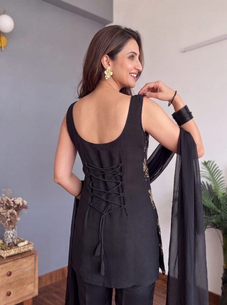Alluring Georgette Black 90 s Collection Short Kurti With Palazzo For Office Wear Georgette Kurti 