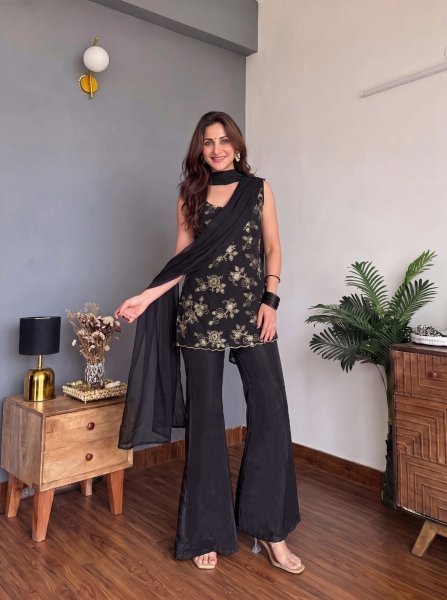 Alluring Georgette Black 90 s Collection Short Kurti With Palazzo For Office Wear Georgette Kurti 
