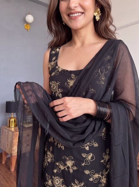 Alluring Georgette Black 90 s Collection Short Kurti With Palazzo For Office Wear Georgette Kurti 