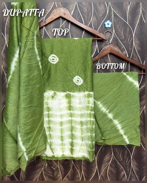 Alluring Green Hand Bandhej Chanderi Cotton 3 Piece Dress Material Collection Color Set Matching Dress Material Wholesale