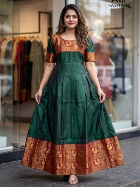 Alluring Green Jacquard Silk Gown with Belt Style for Traditional Occasions Anarkali Kurtis 