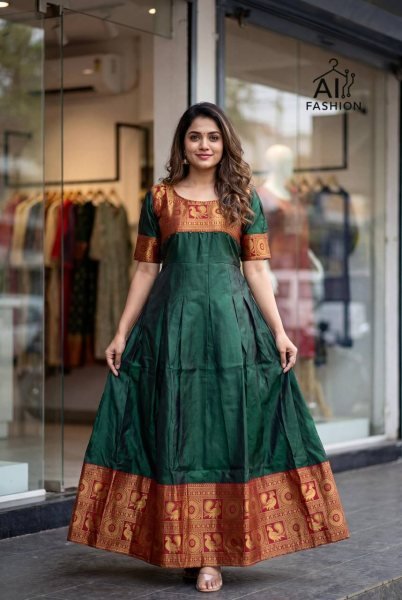 Alluring Green Jacquard Silk Gown with Belt Style for Traditional Occasions Anarkali Kurtis 