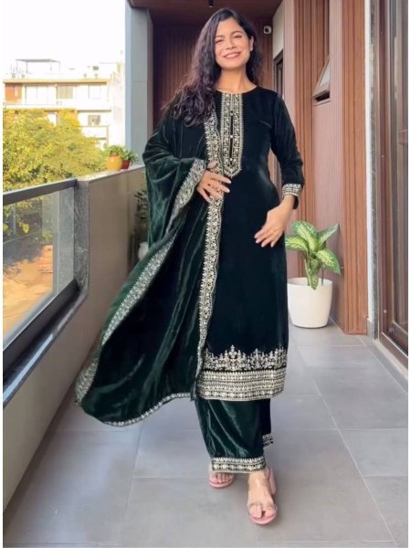 Alluring Green Ready to Wear Velvet Sequence Work Suit Set with Embroidered Velvet Dupatta Ideal for Weddings & Parties  Kurtis