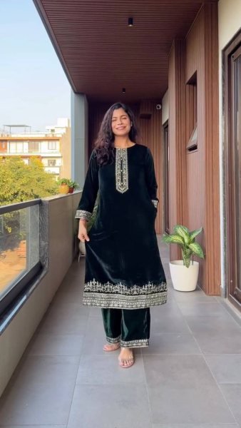 Alluring Green Ready to Wear Velvet Sequence Work Suit Set with Embroidered Velvet Dupatta Ideal for Weddings & Parties   Straight Cut Long Kurtis