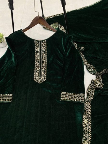 Alluring Green Ready to Wear Velvet Sequence Work Suit Set with Embroidered Velvet Dupatta Ideal for Weddings & Parties   Straight Cut Long Kurtis