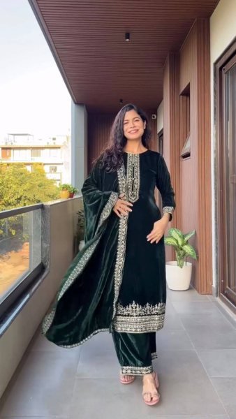 Alluring Green Ready to Wear Velvet Sequence Work Suit Set with Embroidered Velvet Dupatta Ideal for Weddings & Parties   Straight Cut Long Kurtis