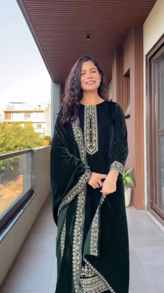 Alluring Green Ready to Wear Velvet Sequence Work Suit Set with Embroidered Velvet Dupatta Ideal for Weddings & Parties   Straight Cut Long Kurtis