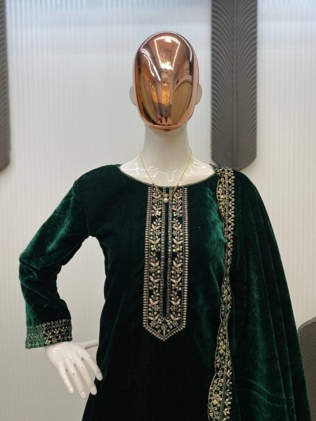 Alluring Green Ready to Wear Velvet Sequence Work Suit Set with Embroidered Velvet Dupatta Ideal for Weddings & Parties   Straight Cut Long Kurtis