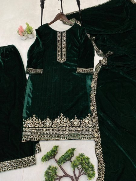 Alluring Green Ready to Wear Velvet Sequence Work Suit Set with Embroidered Velvet Dupatta Ideal for Weddings & Parties   Straight Cut Long Kurtis