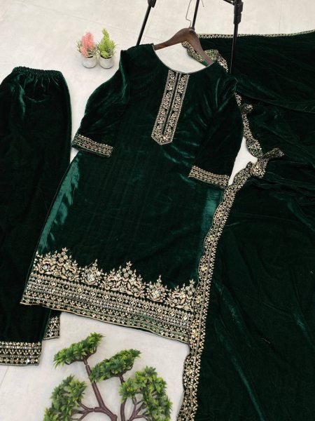 Alluring Green Ready to Wear Velvet Sequence Work Suit Set with Embroidered Velvet Dupatta Ideal for Weddings & Parties   Straight Cut Long Kurtis