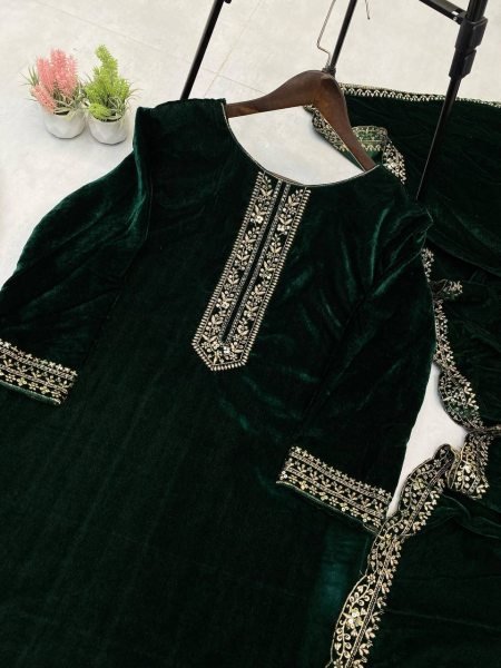 Alluring Green Ready to Wear Velvet Sequence Work Suit Set with Embroidered Velvet Dupatta Ideal for Weddings & Parties   Straight Cut Long Kurtis