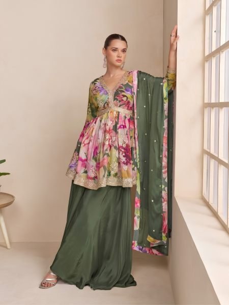 Alluring Green Real Chinon Designer Suit Set with F&B Embroidery Work at Manufacturer Rate Salwar Kameez