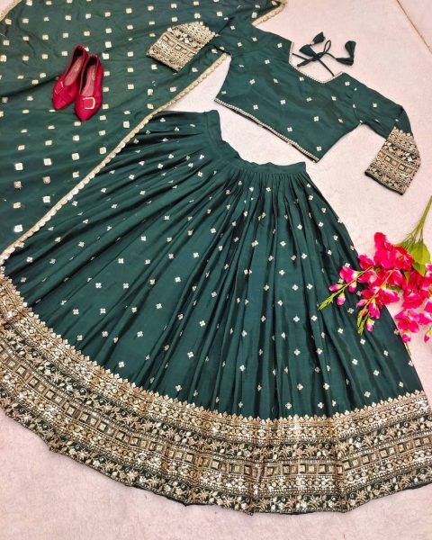 Alluring Green Vichitra Silk 3 Piece Lehenga Set with Sequin Thread Work at Wholesale Rate Designer Lehenga Choli