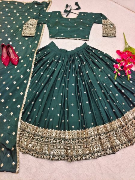 Alluring Green Vichitra Silk 3 Piece Lehenga Set with Sequin Thread Work at Wholesale Rate Designer Lehenga Choli