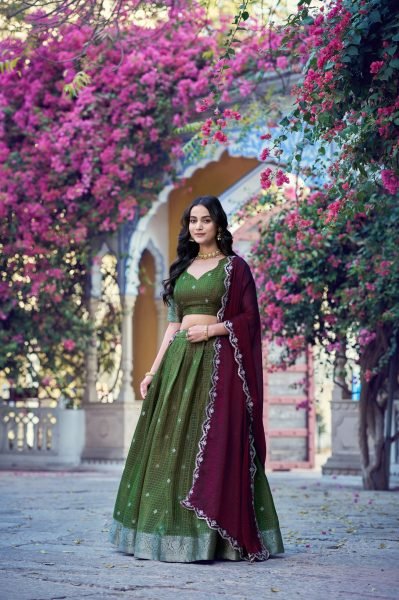 Alluring Green Women s Chinon Checks Lehenga with Traditional Zari Weaving Border Designer Lehenga Choli