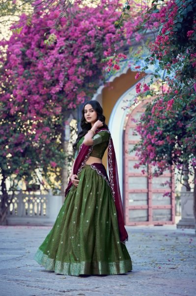 Alluring Green Women s Chinon Checks Lehenga with Traditional Zari Weaving Border Designer Lehenga Choli