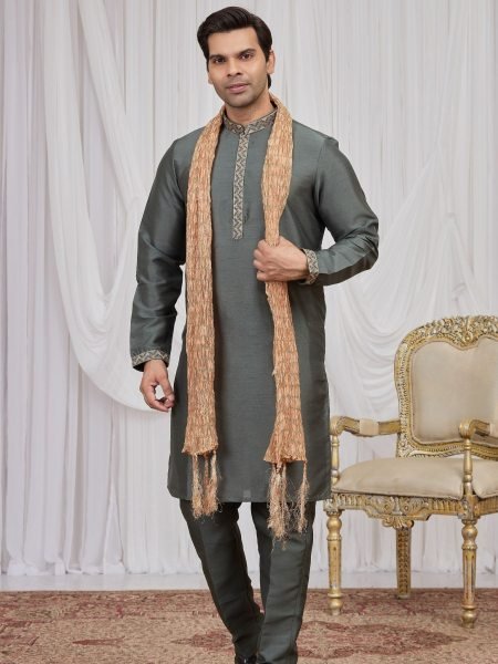 Alluring Grey Art Silk Straight Kurta Set for Women Mens Wear