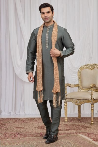 Alluring Grey Art Silk Straight Kurta Set for Women Kurta Pajama Wholesale