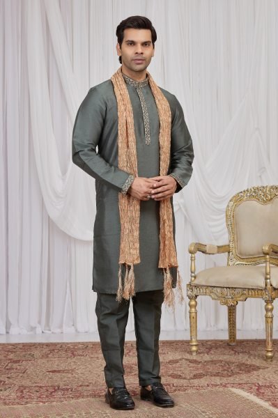 Alluring Grey Art Silk Straight Kurta Set for Women Kurta Pajama Wholesale