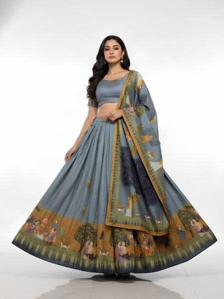 Alluring Grey Digital Printed Dola Silk Lehenga Set with Stitched Canvas Finish at Manufacturer Rate  Lehenga