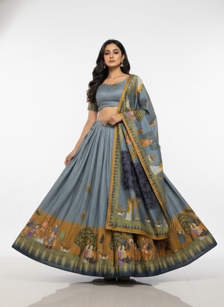 Alluring Grey Digital Printed Dola Silk Lehenga Set with Stitched Canvas Finish at Manufacturer Rate Designer Lehenga Choli
