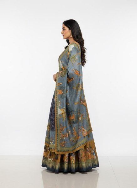 Alluring Grey Digital Printed Dola Silk Lehenga Set with Stitched Canvas Finish at Manufacturer Rate Designer Lehenga Choli