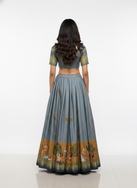 Alluring Grey Digital Printed Dola Silk Lehenga Set with Stitched Canvas Finish at Manufacturer Rate Designer Lehenga Choli