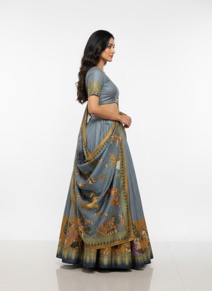 Alluring Grey Digital Printed Dola Silk Lehenga Set with Stitched Canvas Finish at Manufacturer Rate Designer Lehenga Choli