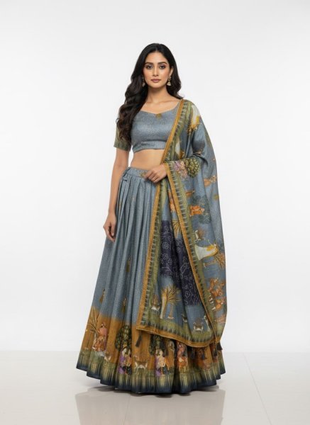 Alluring Grey Digital Printed Dola Silk Lehenga Set with Stitched Canvas Finish at Manufacturer Rate Designer Lehenga Choli