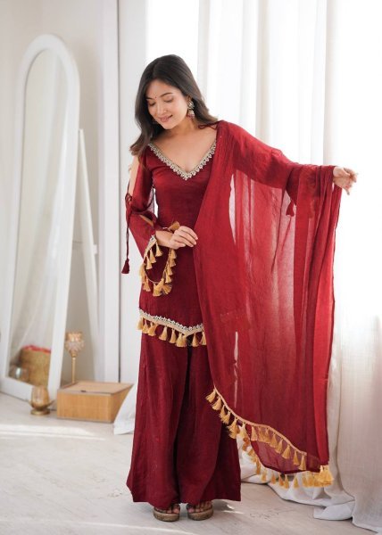 Alluring Maroon Crush Real Mirror Work Kurti Palazzo Dupatta Set for Women Ready To Wear Collection